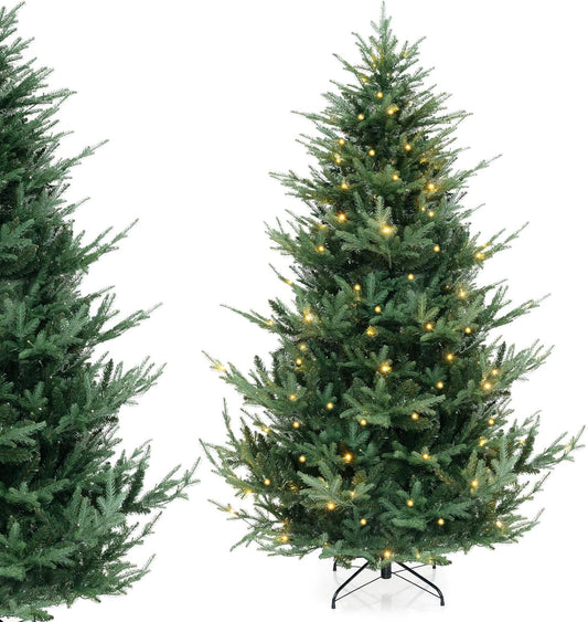 DORTALA 7FT Prelit Christmas Tree Green, Hinged Artificial Xmas Tree with 340 Warm White LED Lights