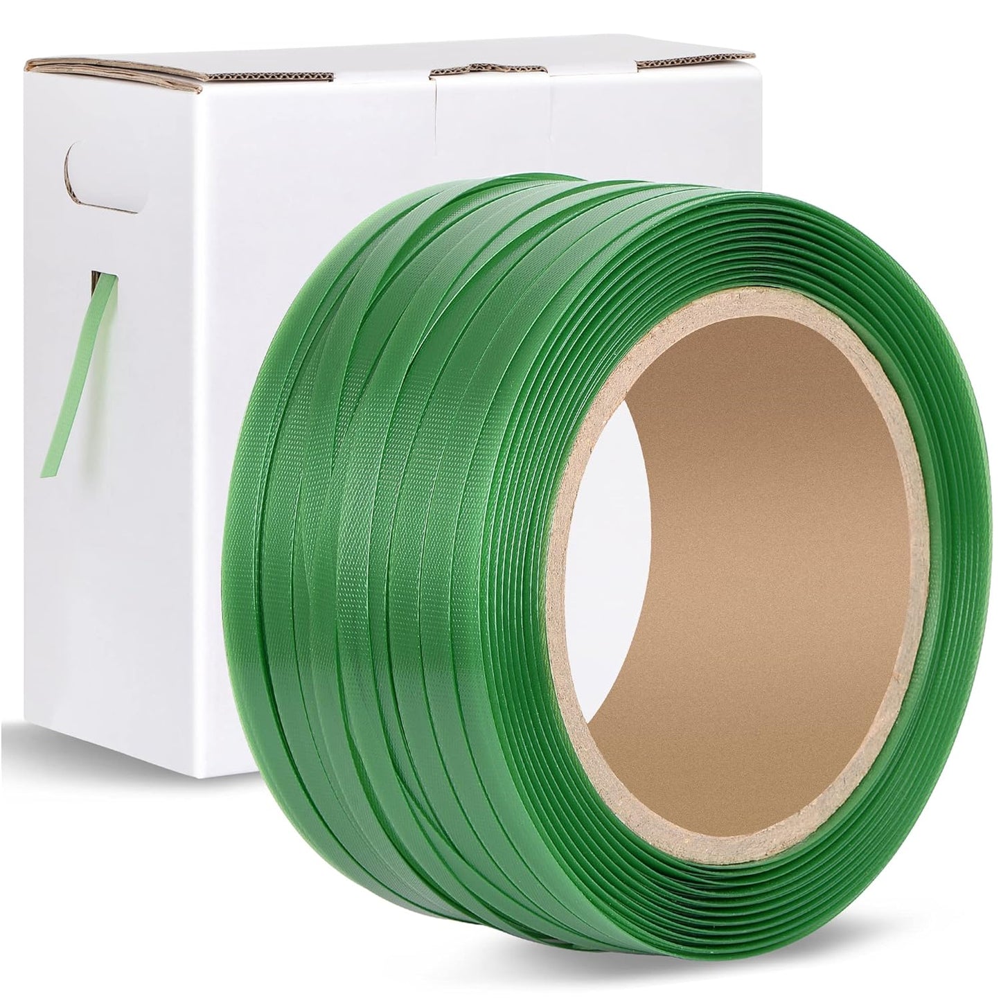 A roll of green polyester packaging strapping banding material next to its white cardboard box packaging.
