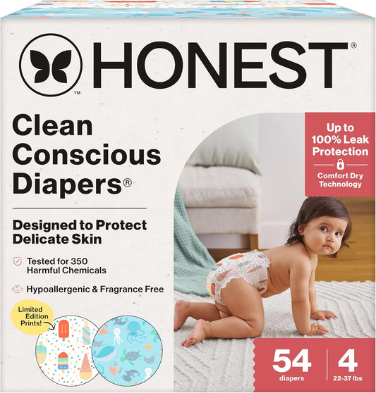 The Honest Company Clean Conscious Diapers for Delicate Skin | Up to 100% Leakproof, Size 4, 54 Count