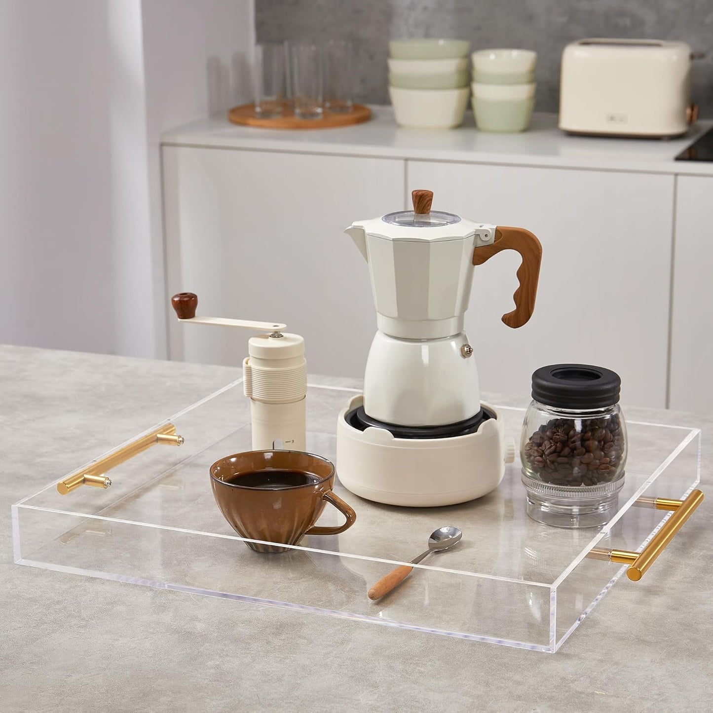 Large Clear Acrylic Serving Tray (16×18 Inches) with Gold Handles Spill Proof