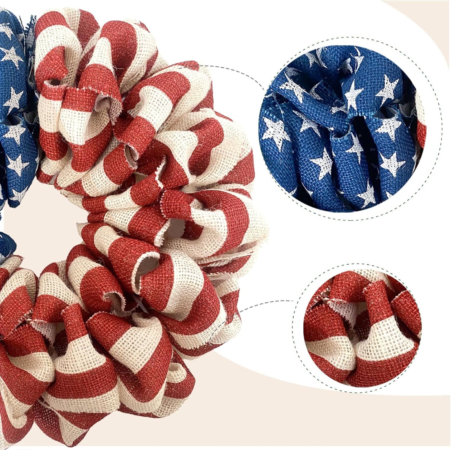 13 Inch Patriotic Burlap Wreath, 4th of July Summer Burlap Stripe and Stars Printed Wreath