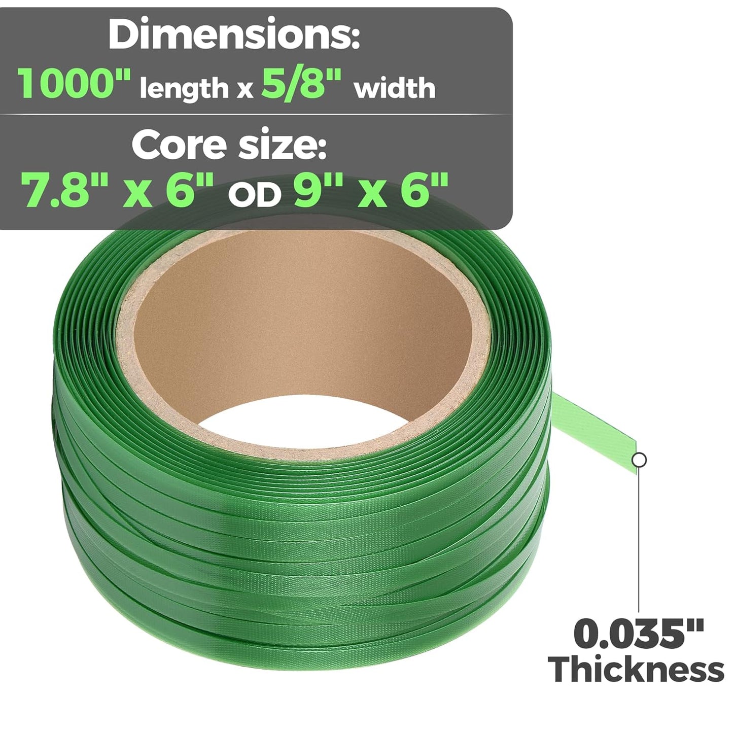Heavy Duty Packaging Strapping Banding Roll - Green Polyester, 1000' x 5/8" x 0.035"