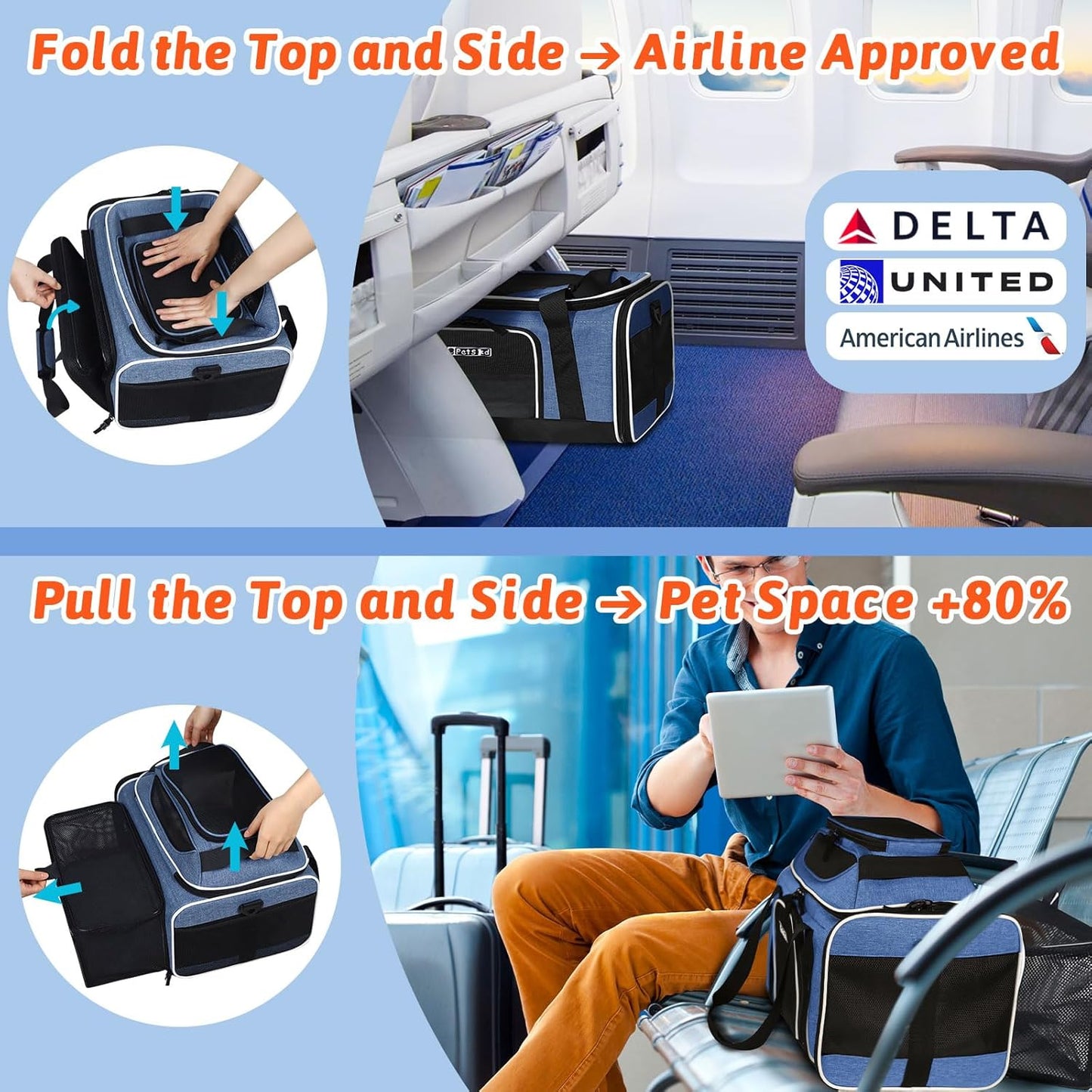 Petskd Top and Side Expandable Pet Carrier 18x11x11 Inches Delta United Airline Approved