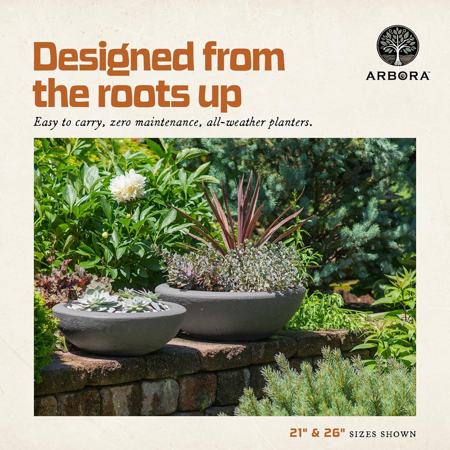 ARBORA 26" Santorini Bowl Polyresin Indoor and Outdoor Planter with Stone Blend Concrete Gray Finish