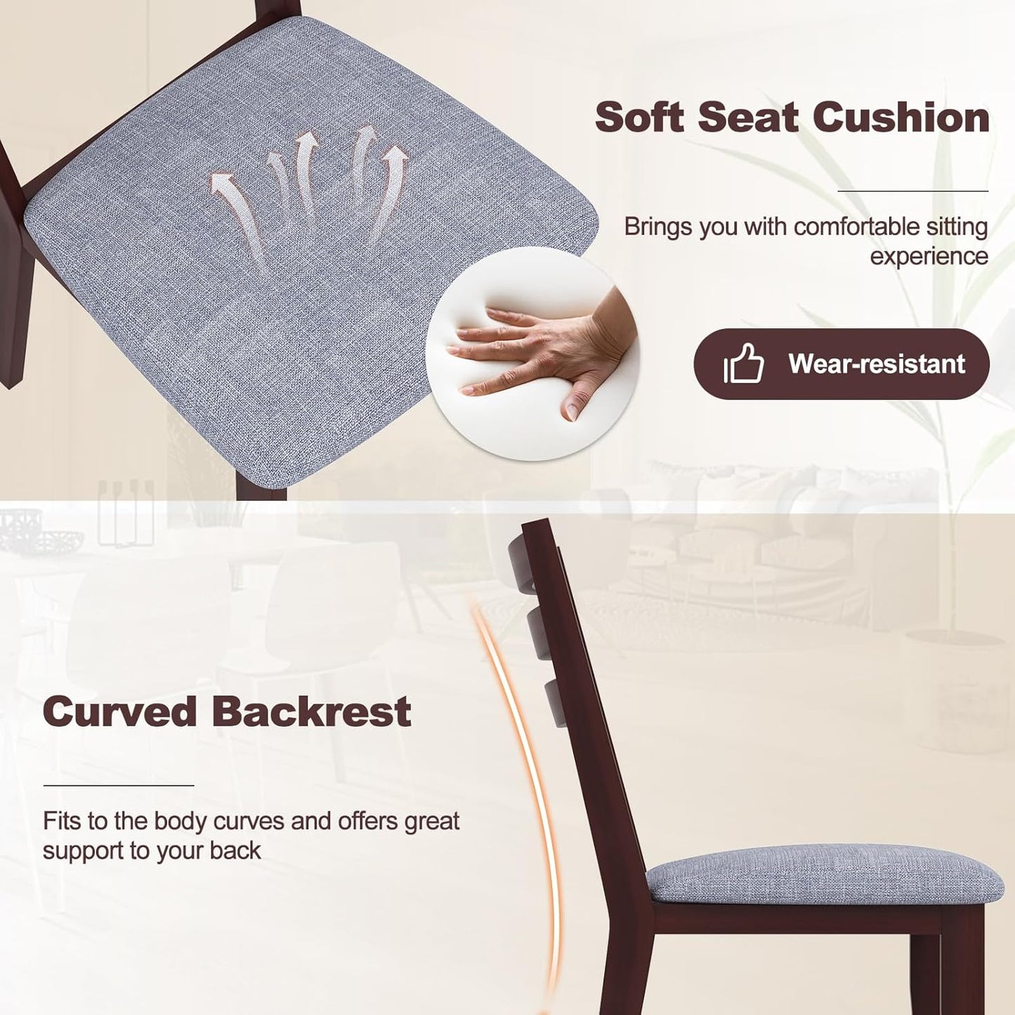 COSTWAY Dining Chairs Set of 2, Upholstered Armless Kitchen Chairs with Solid Rubber Wood Frame