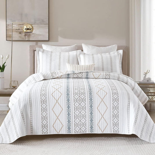 Y-PLWOMEN Geometric Quilt King Size - 100% Cotton Quilt, Striped King Quilt Set