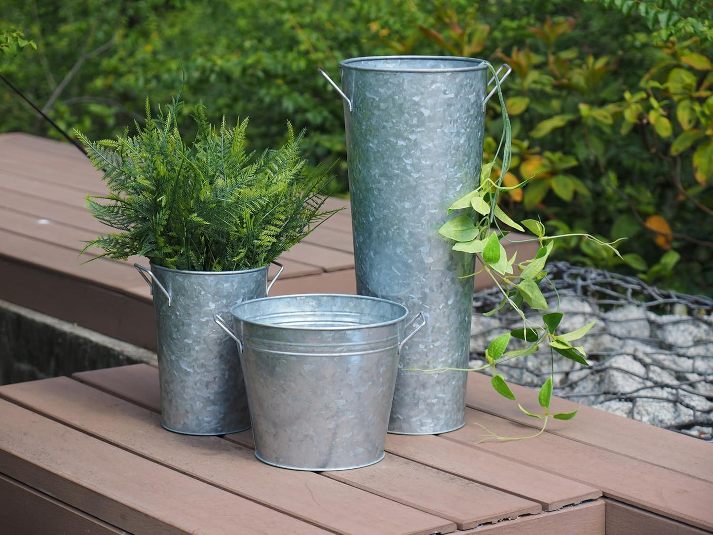 Hosley Galvanized French Bucket Vase with Handles 6" Dia x 15" H