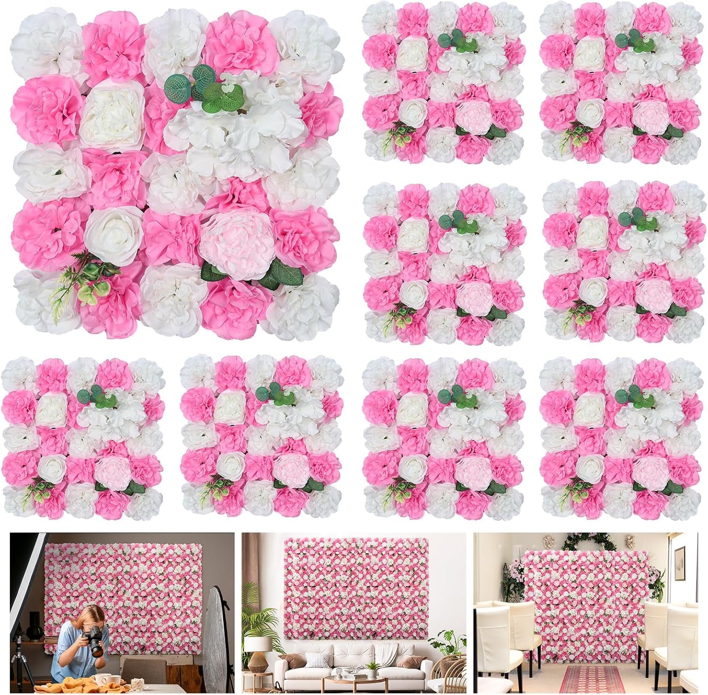 Flower Wall Backdrop 9pcs 16.5x16.5 Inch Flower Wall Decor Artificial Floral Wall Panel