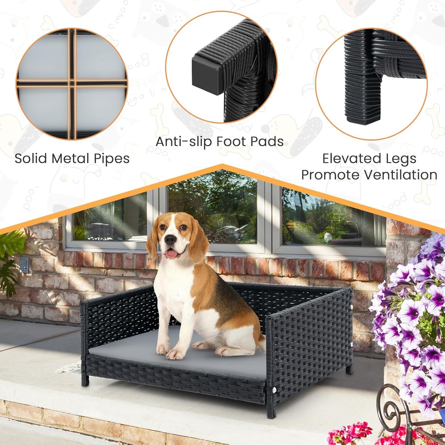 PETSITE Wicker Dog Bed, Rattan Pet Bed with Metal Frame, 24.5 x 18 x 10 inch