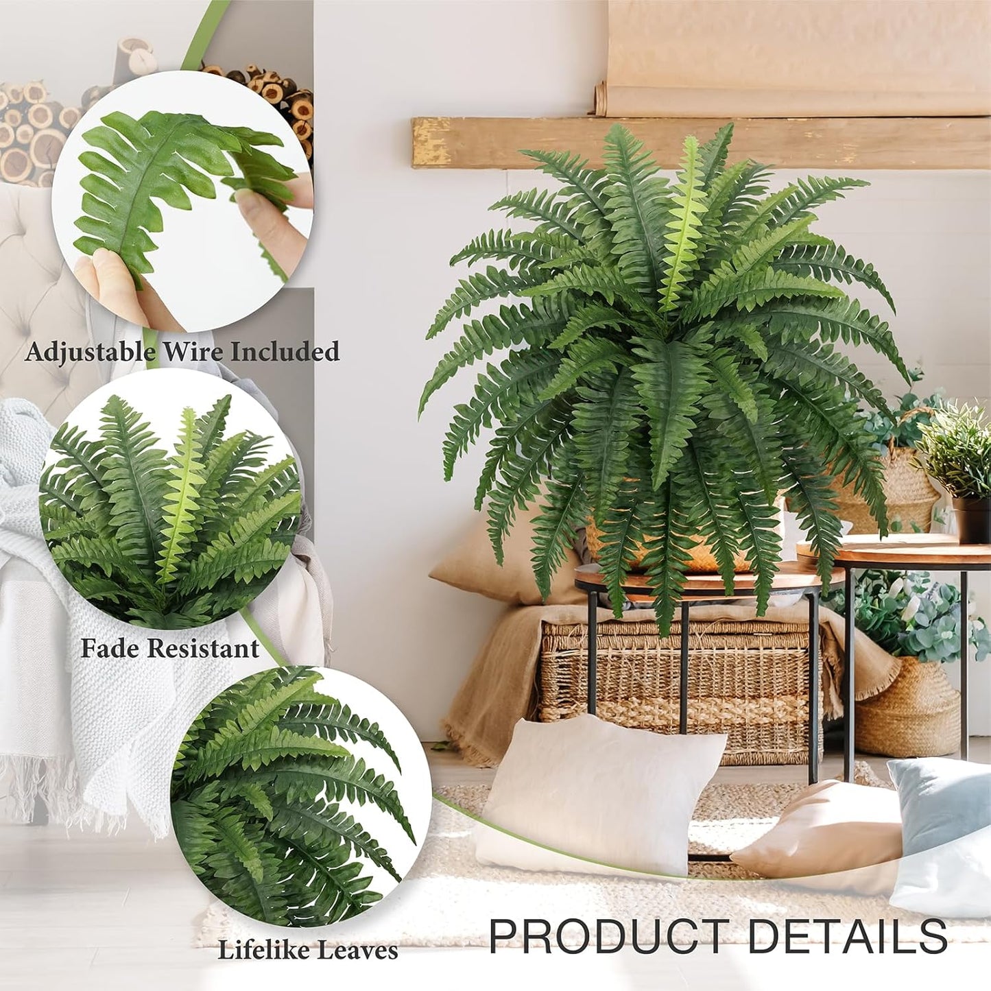 35" Fake Ferns, 4 Large Artificial Bonston Ferns Bushes Plants with 39 Fronds