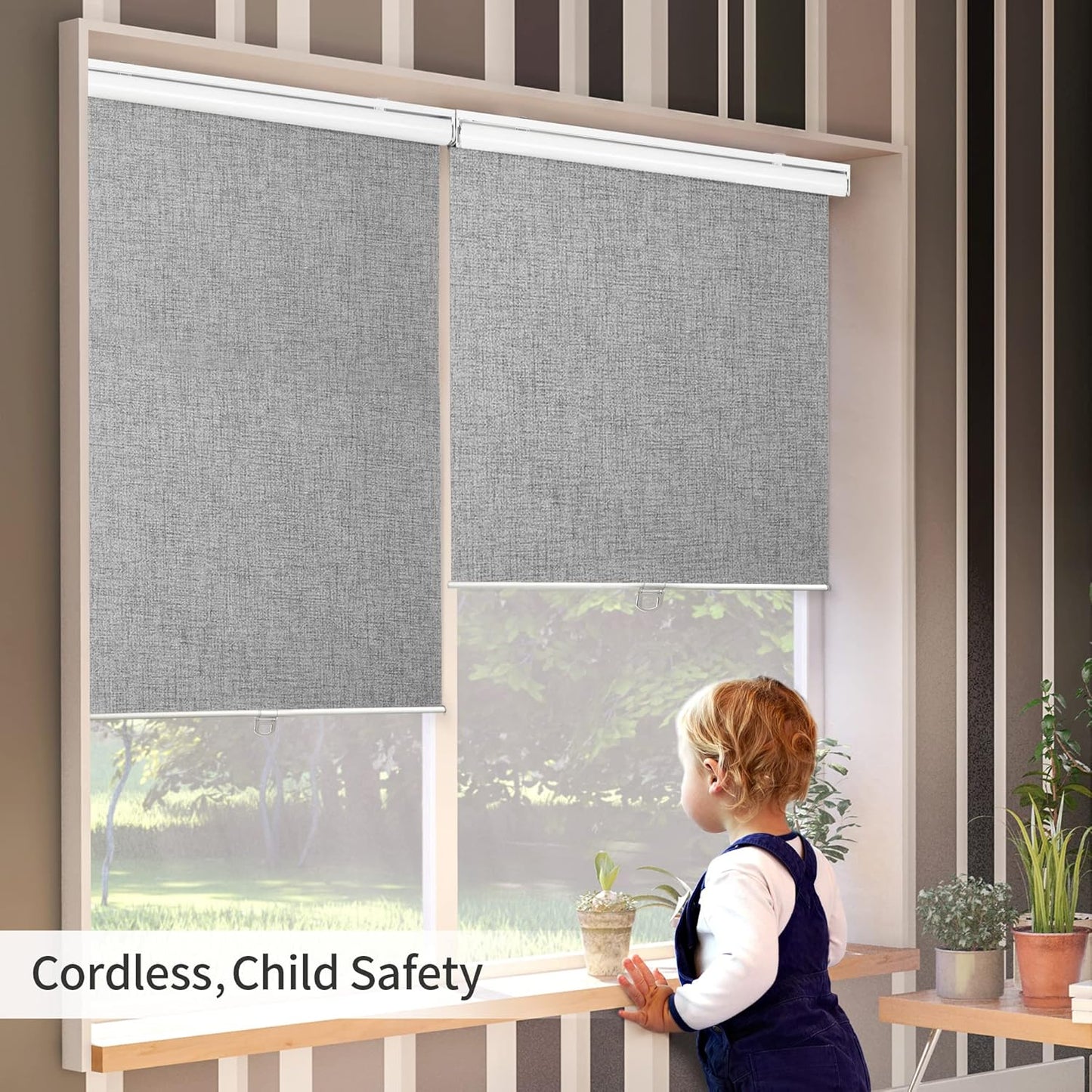 GENIMO 100% Blackout Roller Window Shades, Window Blinds Cordless, Grey, 28" W X 75" H