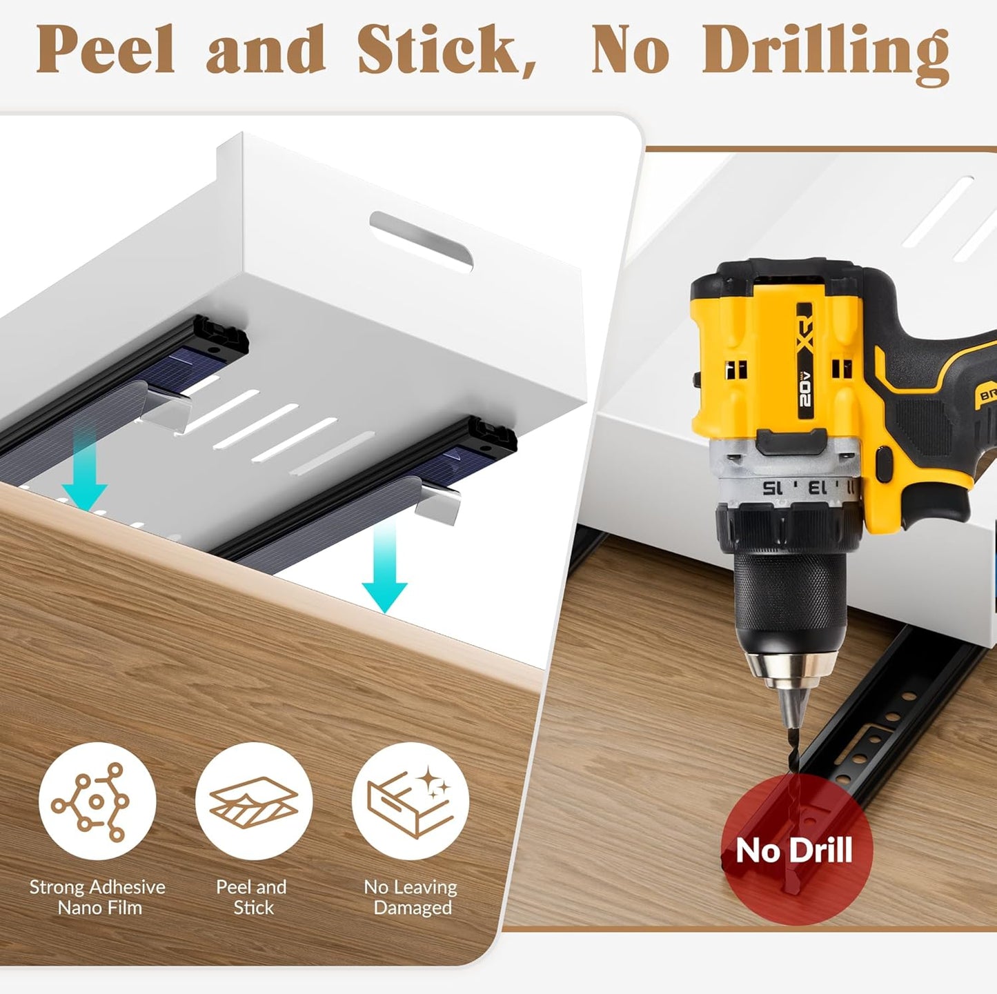 2 Pack Pull Out Organizer Drawers for Cabinets Fixed with Nano Film