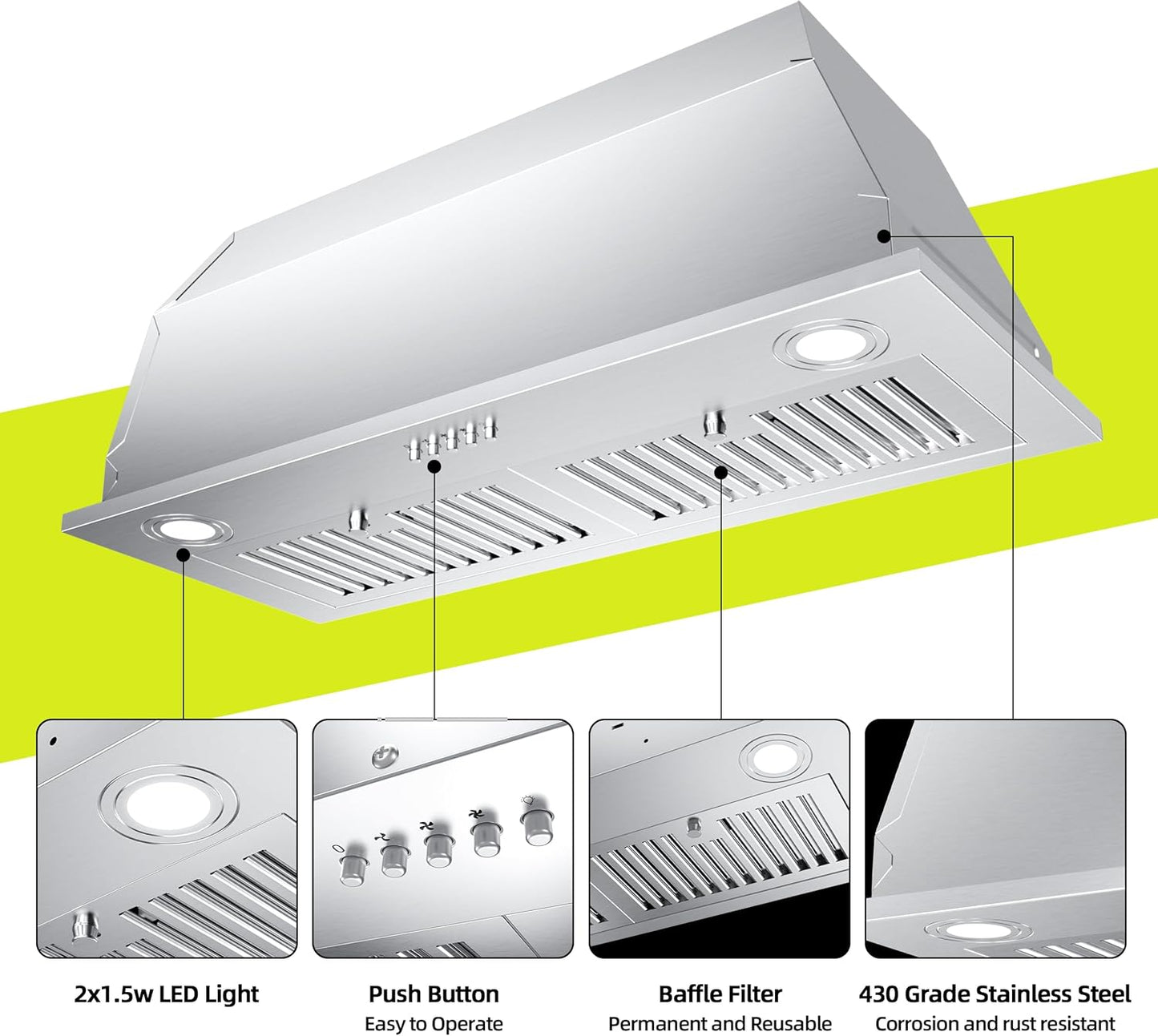 FIREGAS Range Hood Insert 30 inch, Built-in Kitchen Hood with 600 CFM, Ducted/Ductless
