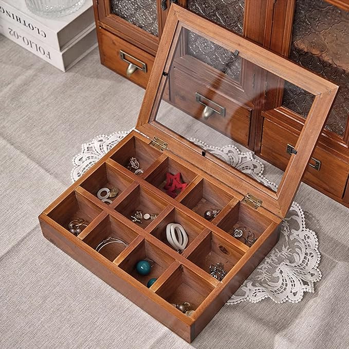 Lainrrew 12 Grid Wooden Jewelry Box, Vintage Display Case Jewelry Display Showcase