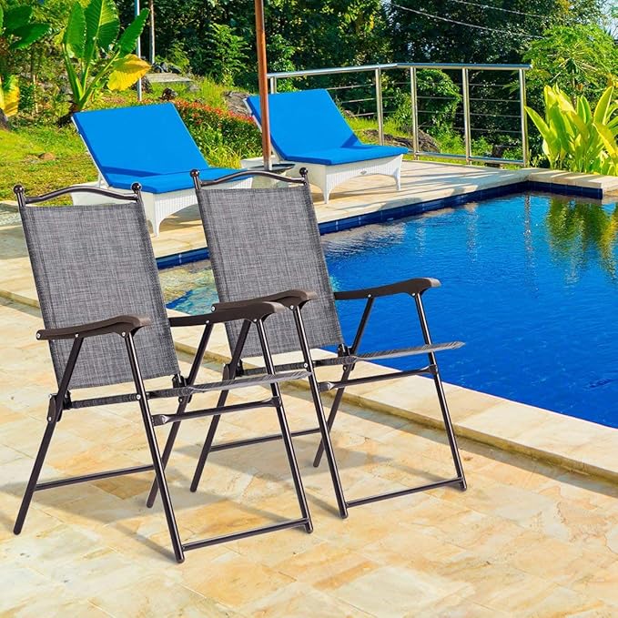 Giantex Set of 2 Patio Folding Chairs, Outdoor Patio Dining Chairs w/Armrest, Sling Back