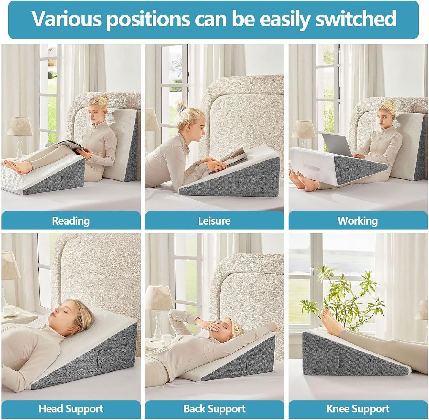 Wedge Pillow for Sleeping & Resting, 24"x24"x10" Memory Foam Cushion