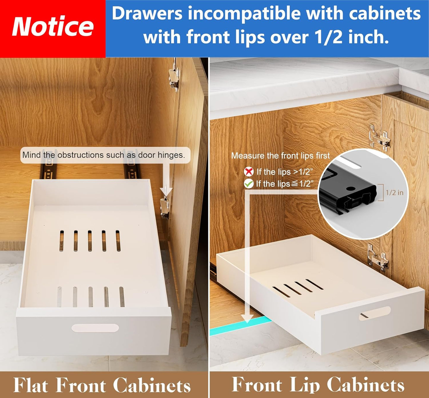 2 Pack Pull Out Organizer Drawers for Cabinets Fixed with Nano Film