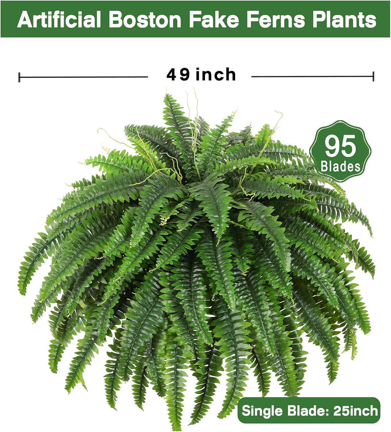 Single Silky Artificial Boston Fern Bush, 49Inch Large Artificial Ferns for Outdoors, Large Faux Ferns