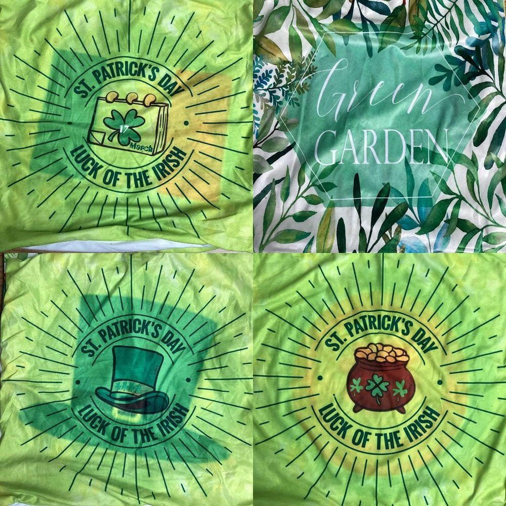 a green tie - dye shirt with a shamrock and a hat on it