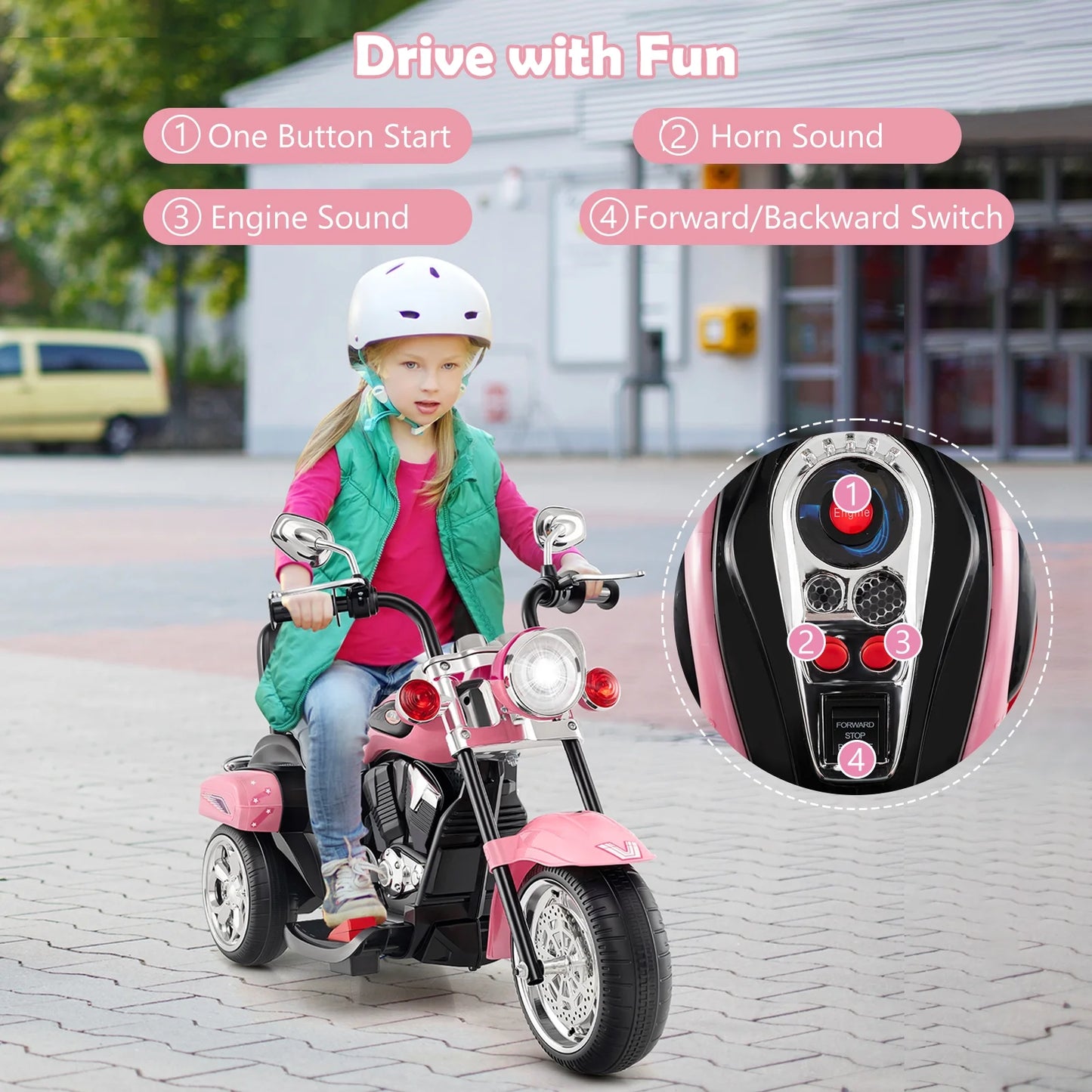 Costway 6V Kids Ride on Chopper Motorcycle 3 Wheel Trike with Headlight and Horn Racing Pink
