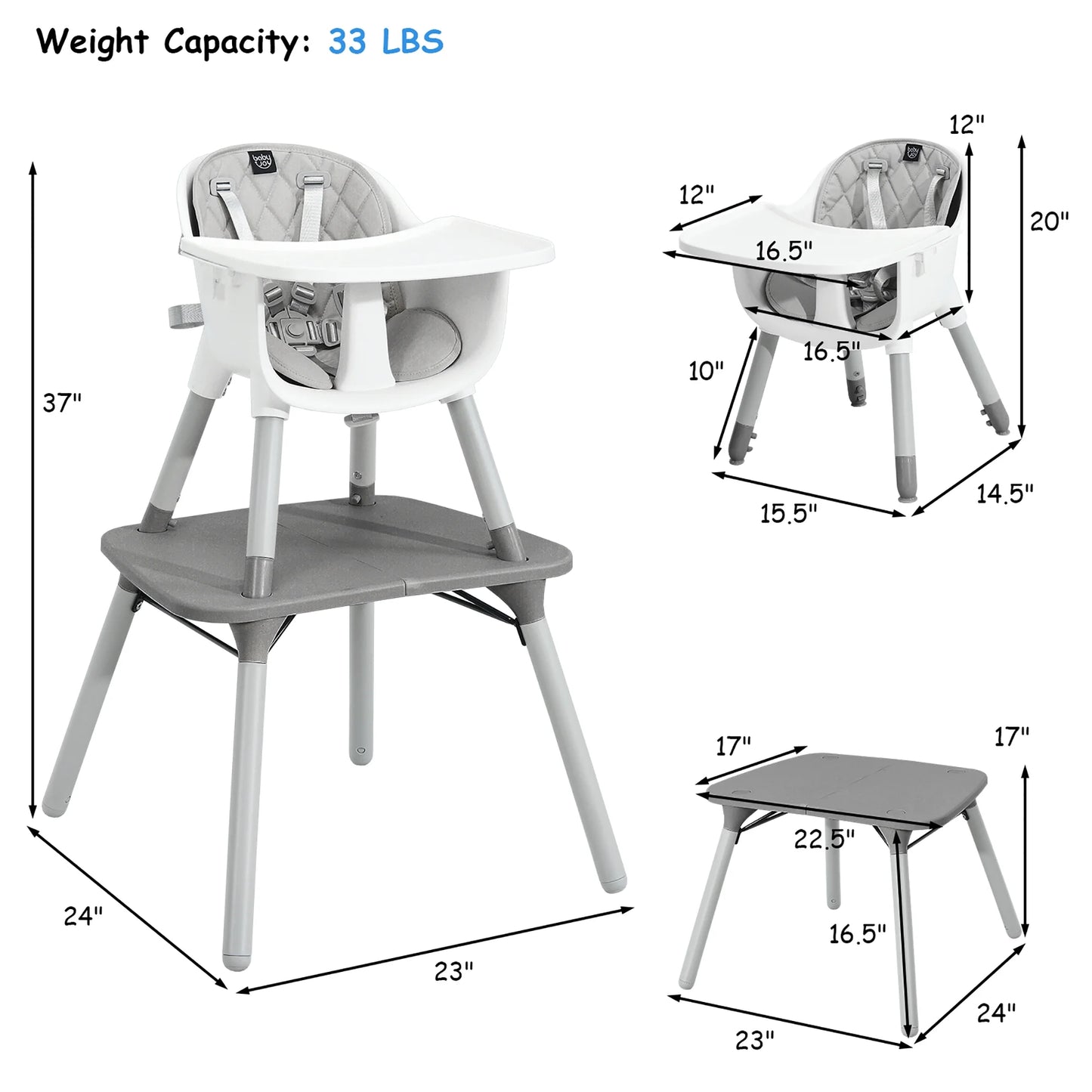 Babyjoy 4 in 1 Baby High Chair Convertible Toddler Table Chair Set with PU Cushion Gray