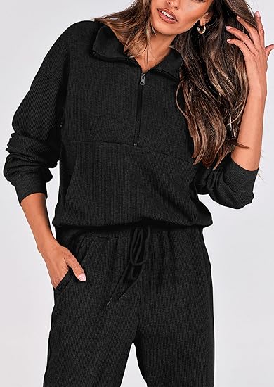 PRETTYGARDEN Womens 2 Piece Sweatsuits Set Long Sleeve Half Zip Pullover Sweatshirt Joggers
