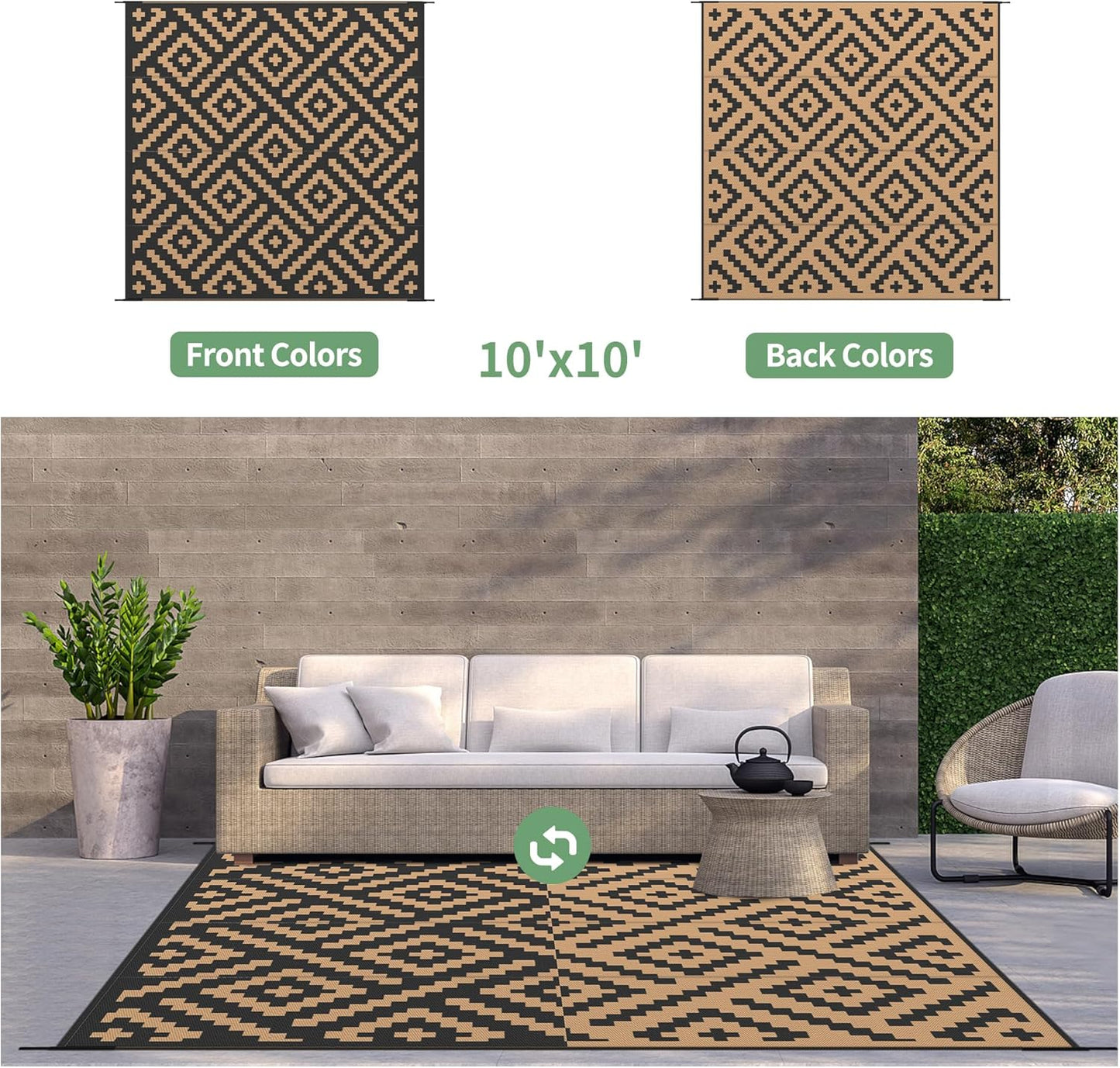 GENIMO Outdoor Rug Waterproof, 10' x 10' Reversible Plastic Straw Rugs