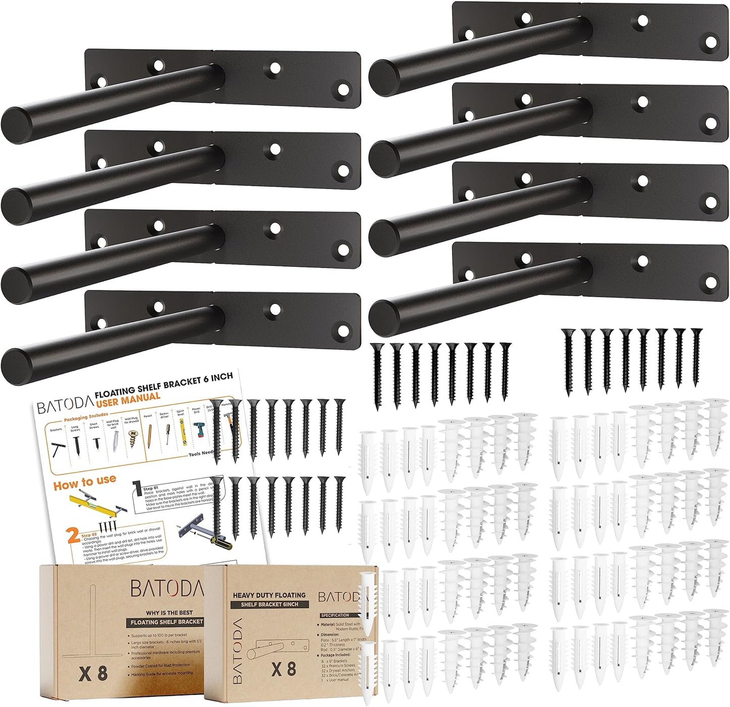 BATODA - 6" Floating Shelf Bracket Heavy Duty (8 pcs)-Solid Steel Blind Shelf Supports