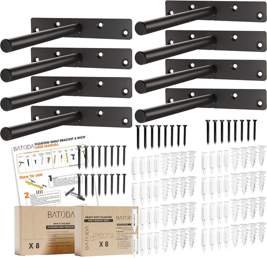 BATODA - 6" Floating Shelf Bracket Heavy Duty (8 pcs)-Solid Steel Blind Shelf Supports