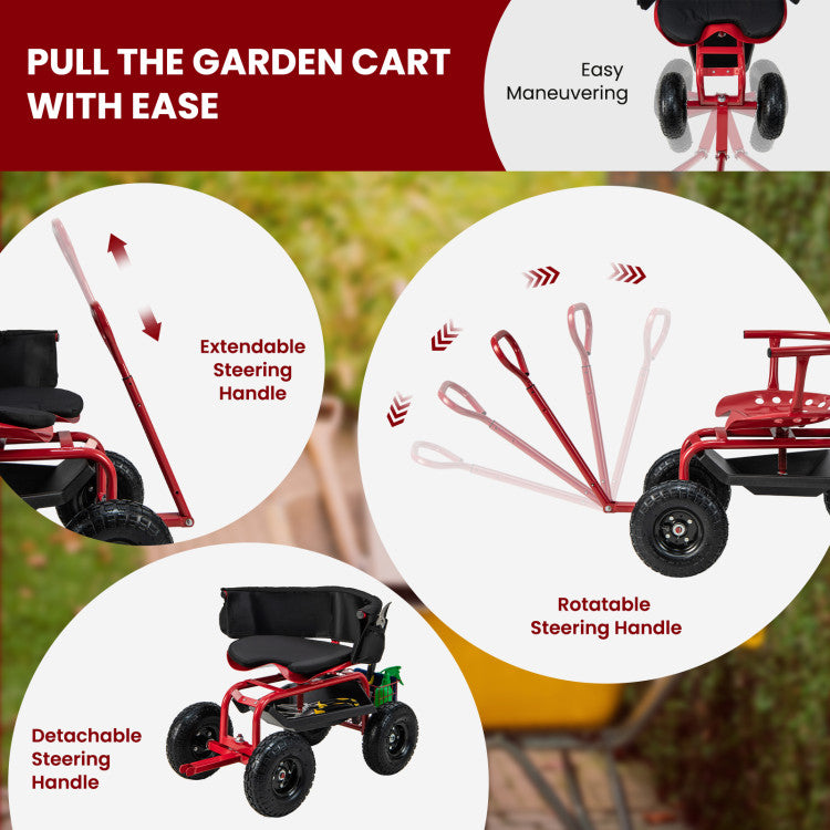 Cushioned Rolling Garden Cart Scooter with Storage Basket and Tool Pouch