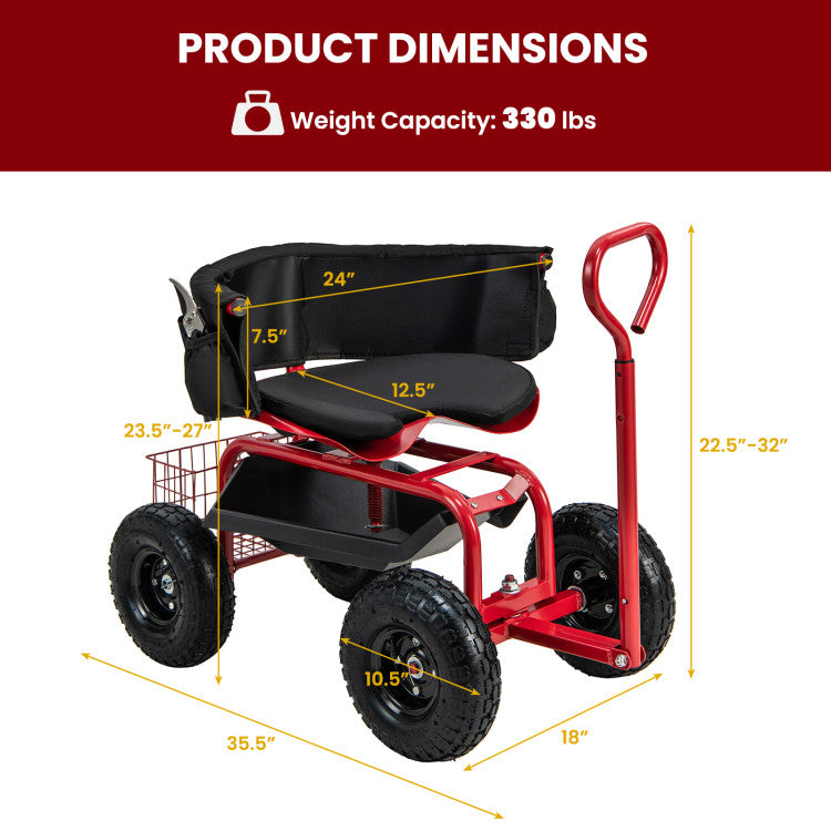 Cushioned Rolling Garden Cart Scooter with Storage Basket and Tool Pouch