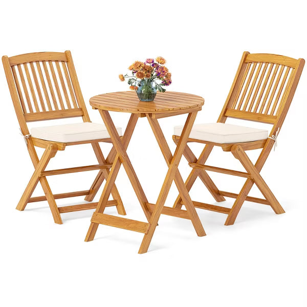 Costway 3 PCS Acacia Wood Patio Bistro Set Folding Table & Chairs Set with Cushions Beige