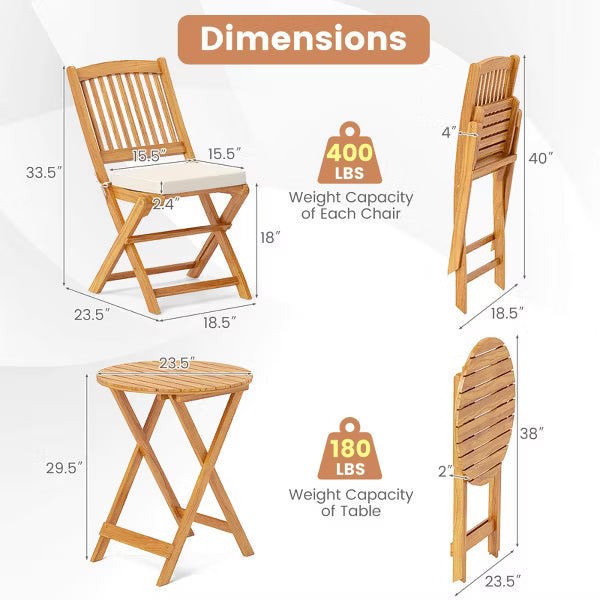 Costway 3 PCS Acacia Wood Patio Bistro Set Folding Table & Chairs Set with Cushions Beige
