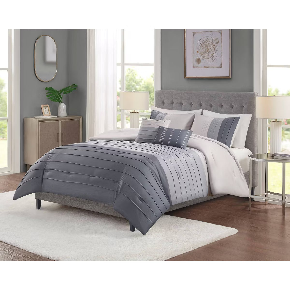 Boston Pleated Colorblock Comforter Bedding Set Gray - Queen