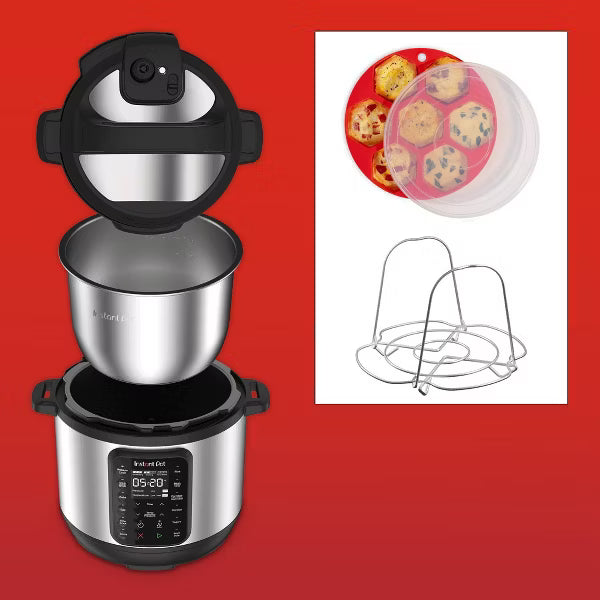 Instant Pot 6qt 9-in-1 Pressure Cooker Bundle: Exclusive Bonus Silicone Pan with Lid, Rice & Multi Cooker