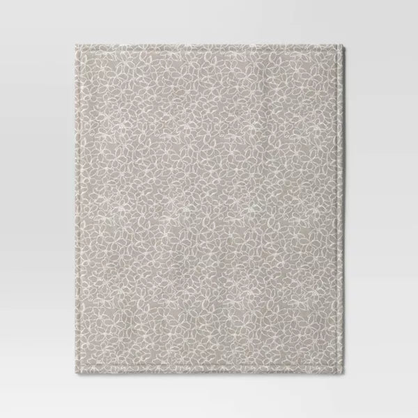 Gray Floral Printed Plush Throw Blanket