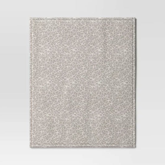 Gray Floral Printed Plush Throw Blanket