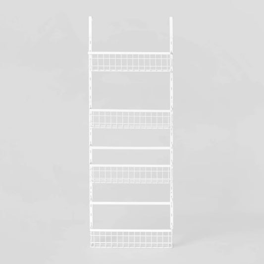 4 Tier Over-The-Door Storage Rack - Adjustable Shelves, White Steel, Over Door Organizer