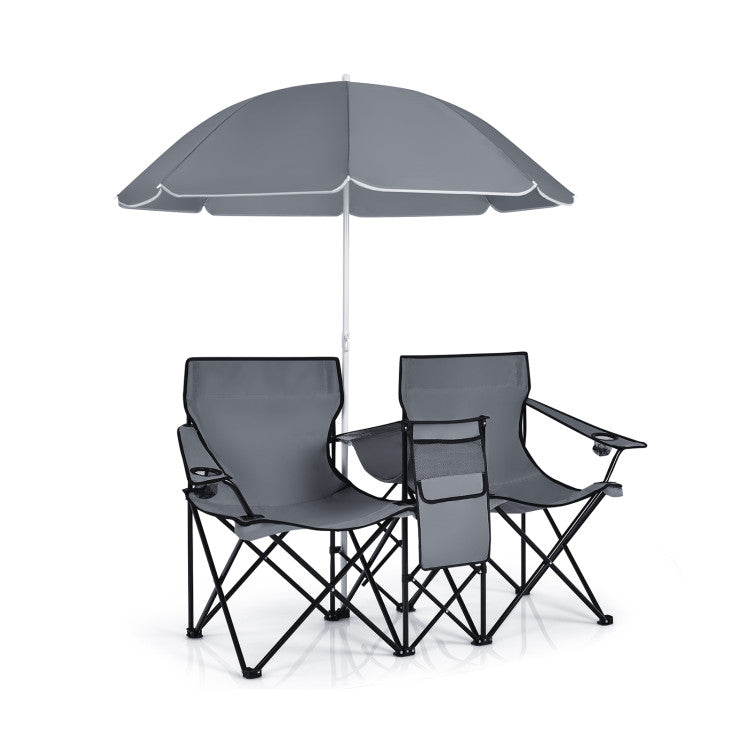 Gray - Portable Folding Picnic Double Chair With Removable Umbrella