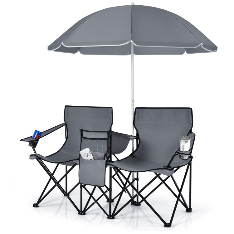 Gray - Portable Folding Picnic Double Chair With Removable Umbrella
