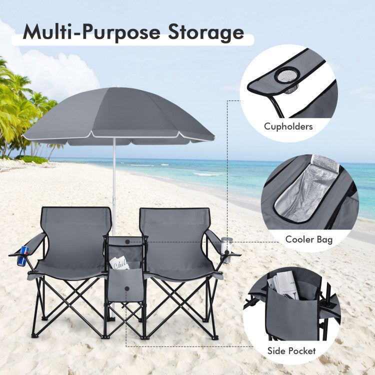 Gray - Portable Folding Picnic Double Chair With Removable Umbrella