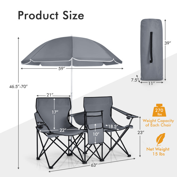 Gray - Portable Folding Picnic Double Chair With Removable Umbrella