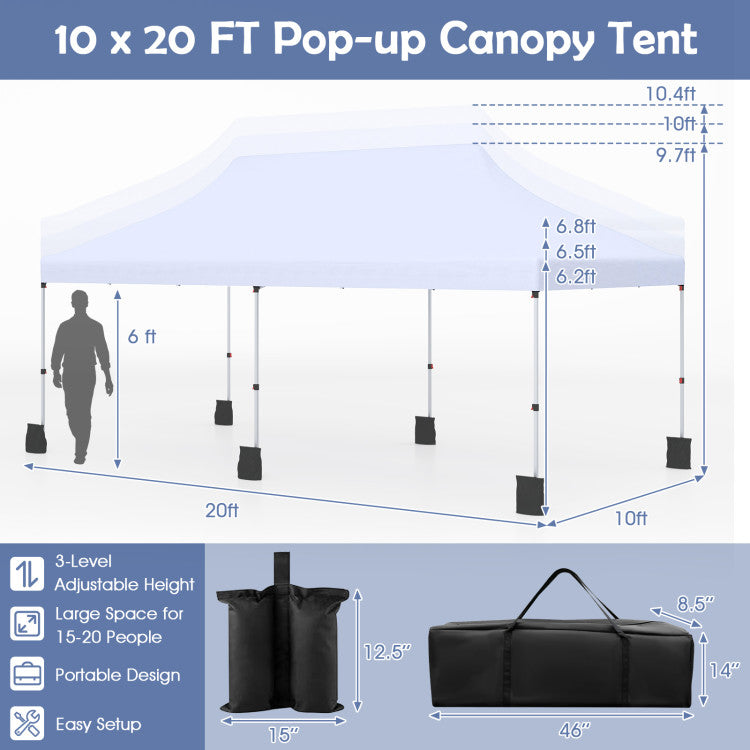 10 X 20 FT Pop up Canopy Tent Foldable Portable Outdoor Gazebo with Carry Bag