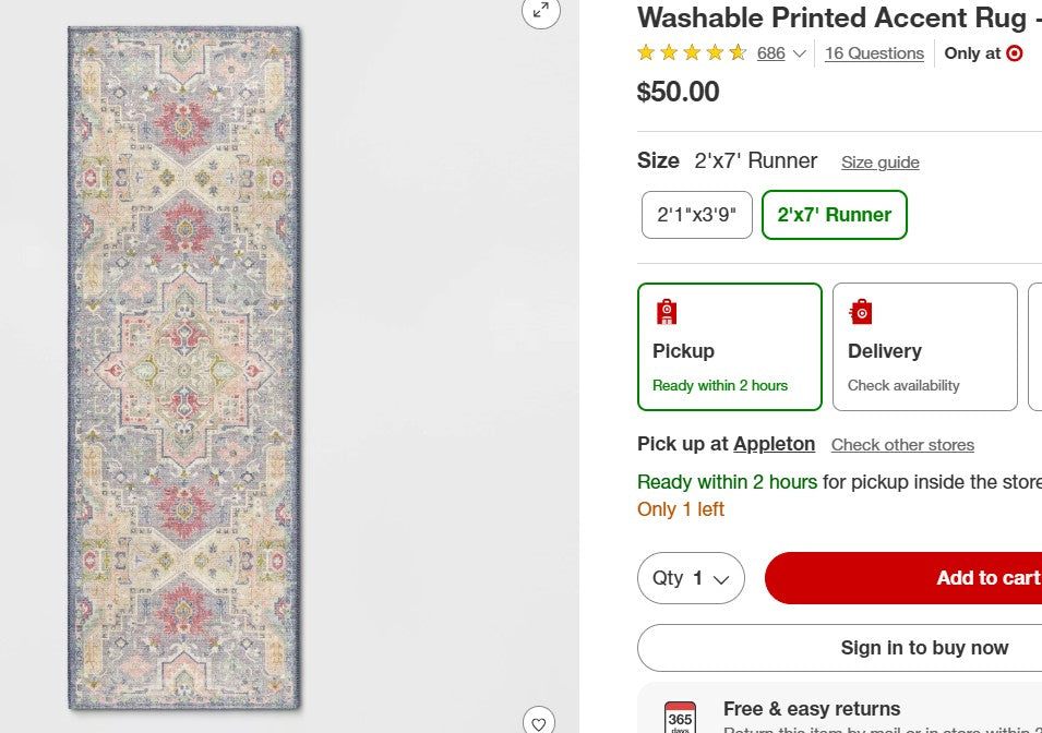 2 x 7 Washable Printed Accent Rug