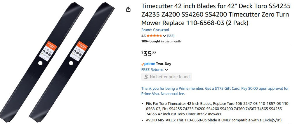 Timecutter 42 inch Blades for 42" Deck Toro SS4235 Z4235 Z4200 SS4260 SS4200