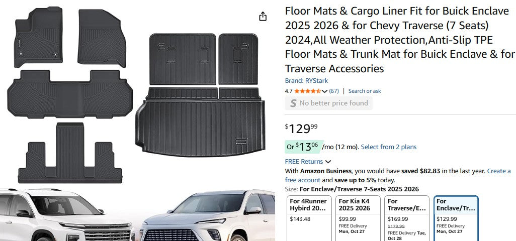 Floor Mats & Cargo Liner Fit for Buick Enclave 2025 2026 & for Chevy Traverse (7 Seats)