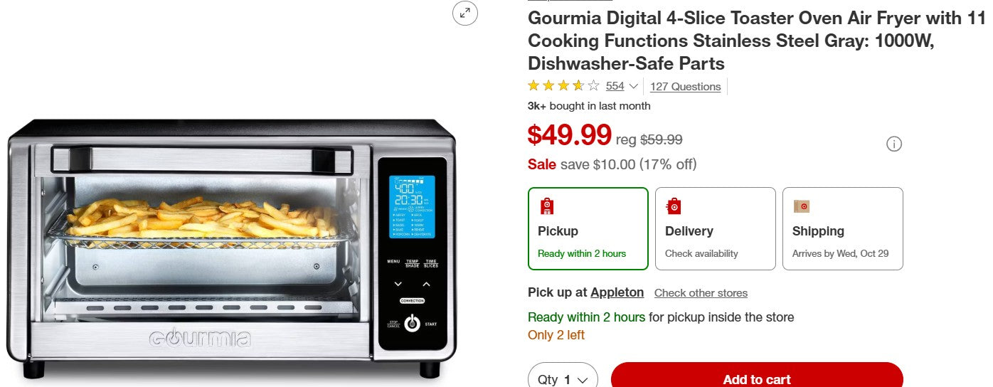Gourmia Digital 4-Slice Toaster Oven Air Fryer with 11 Cooking Functions Stainless Steel Gray