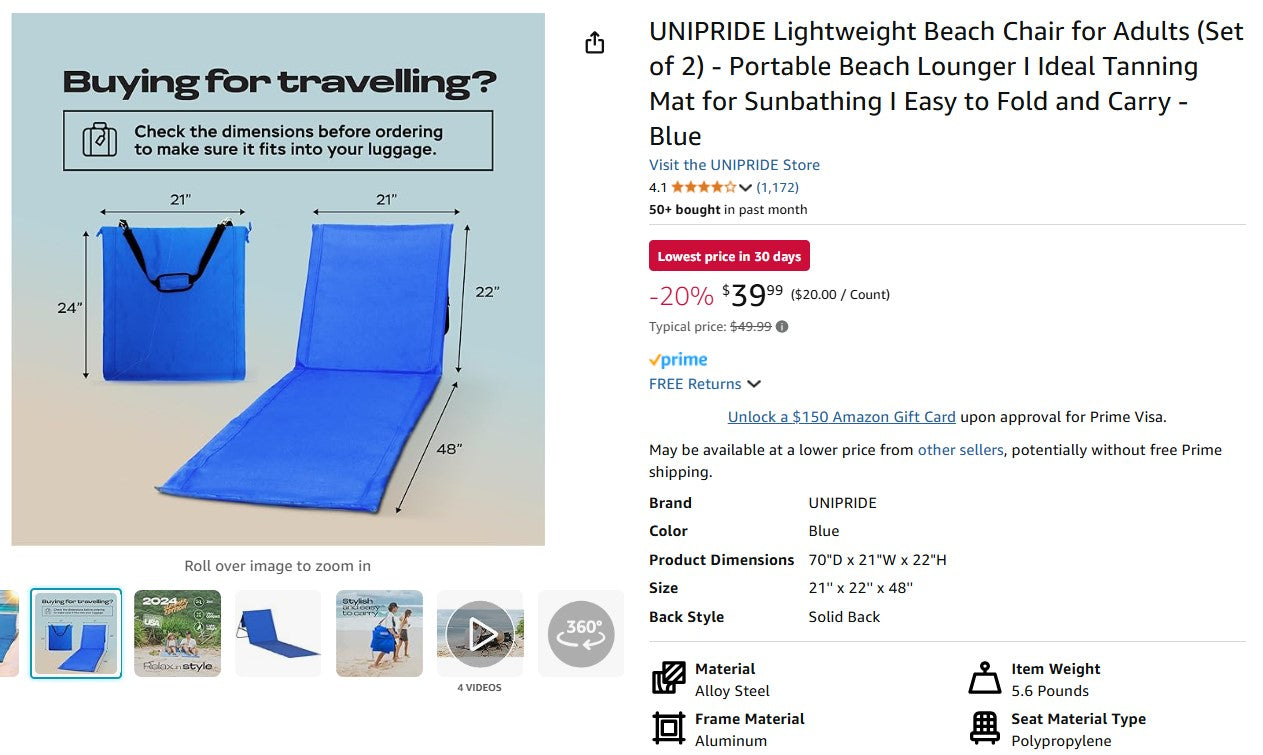Lightweight Beach Chair for Adults - Portable Beach Lounger