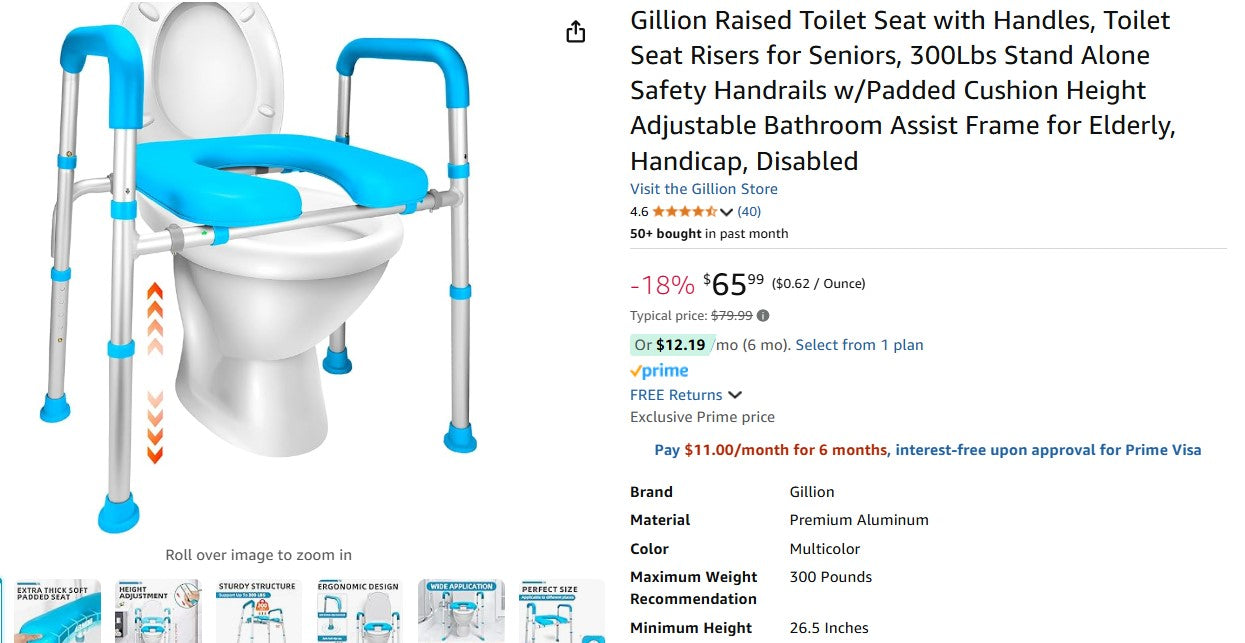 Gillion Raised Toilet Seat with Handles,  300Lbs Stand Alone