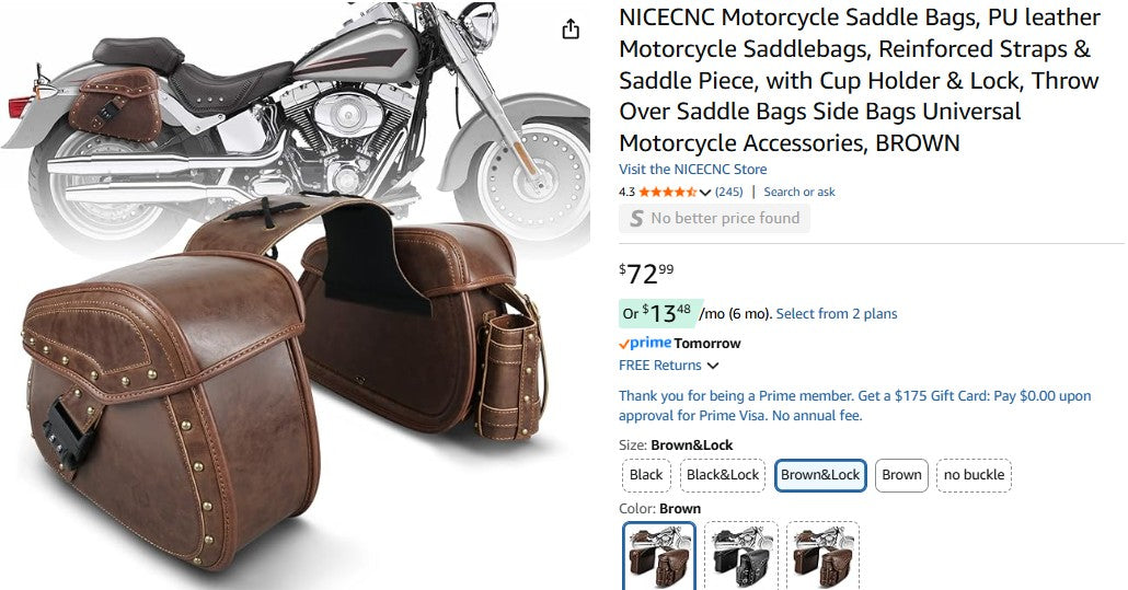 NICECNC Motorcycle Saddle Bags, PU leather Motorcycle Saddlebags, Reinforced Straps & Saddle Piece